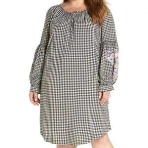 CASLON Nordstrom Wmn's black white gingham embroidered bubble sleeves dress, 1X